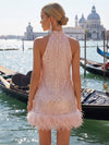 Sequin Sheath Halter Formal Dresses with Natural Feather Fringe Hem