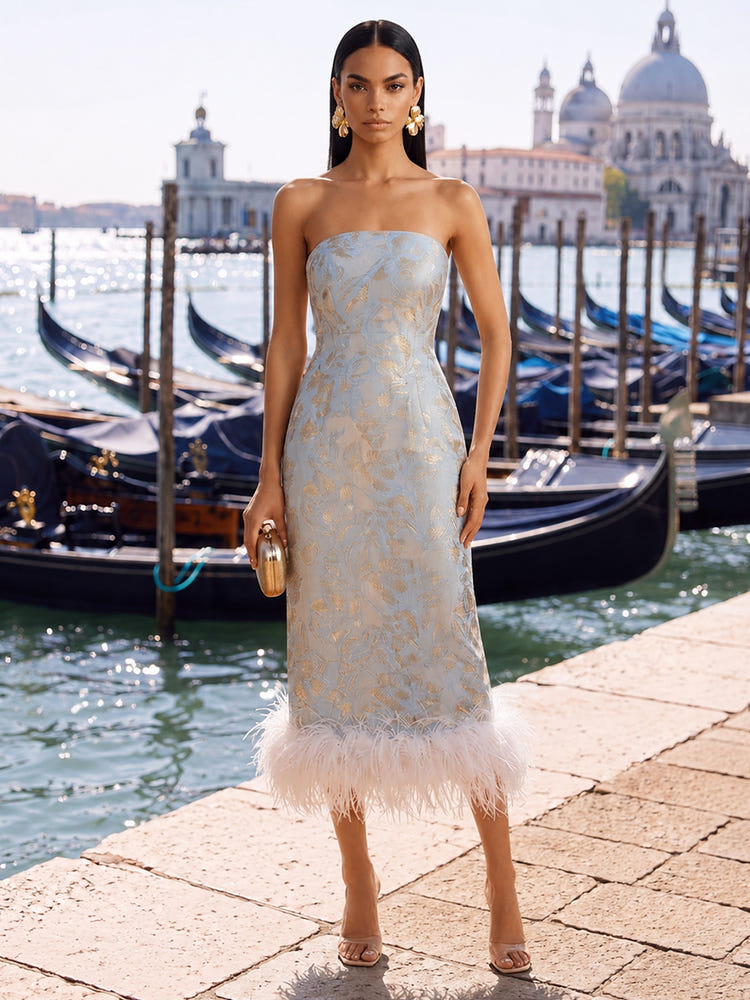 Jacquard Sheath Strapless Formal Dresses with Natural Feather Fringe Hem
