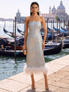 Jacquard Sheath Strapless Formal Dresses with Natural Feather Fringe Hem