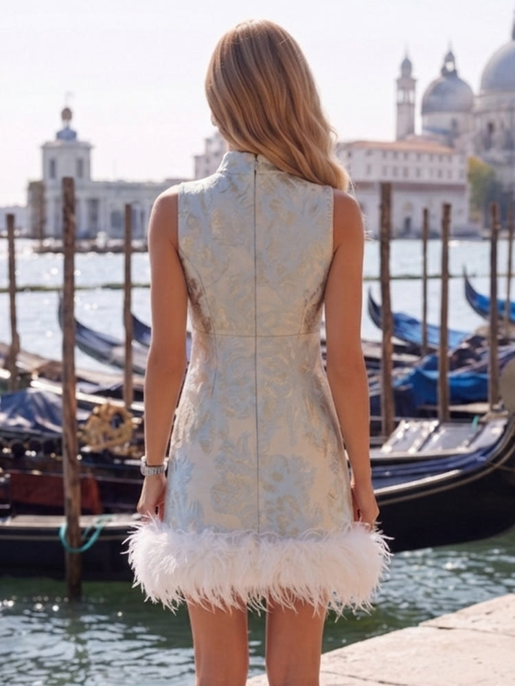 Jacquard A-Line High Neck Formal Dresses with Natural Feather Fringe Hem