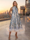 Jacquard A-Line High Neck Formal Dresses with Natural Feather Fringe Hem
