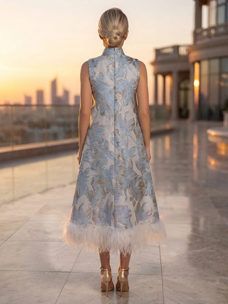 Jacquard A-Line High Neck Formal Dresses with Natural Feather Fringe Hem