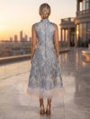 Jacquard A-Line High Neck Formal Dresses with Natural Feather Fringe Hem