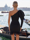 Satin Bodycon One Shoulder Formal Dresses with Natural Feather Fringe Hem