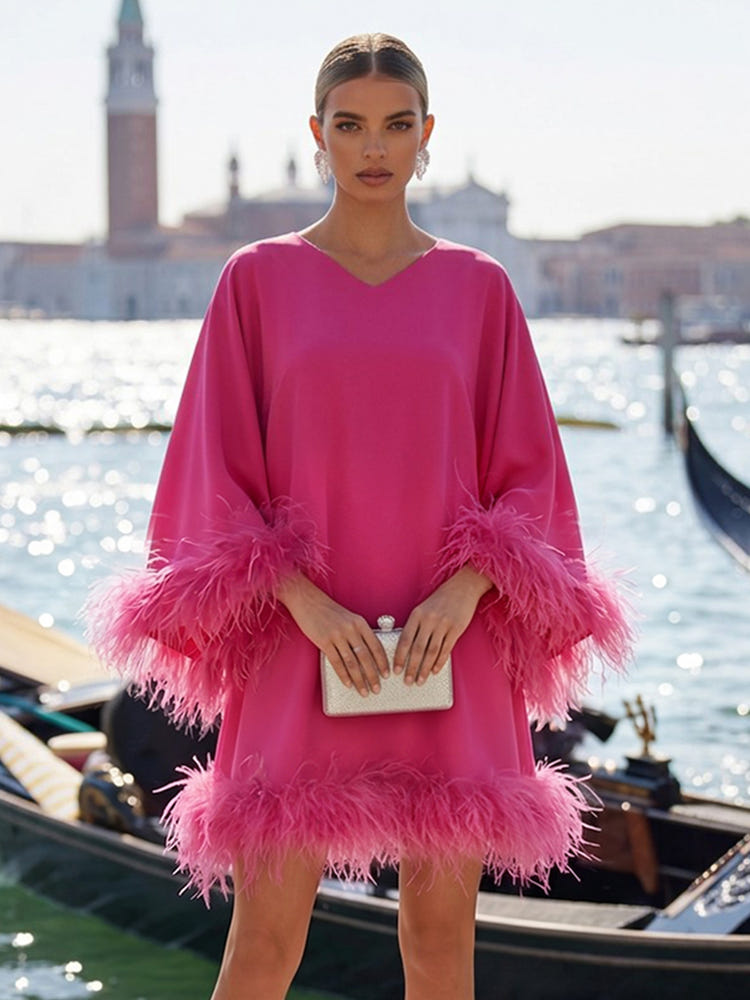 Gracins Jersey A-Line V Neck Formal Dresses with Natural Feather Fringe Hem 2026