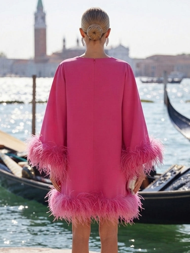 Jersey A-Line V Neck Formal Dresses with Natural Feather Fringe Hem