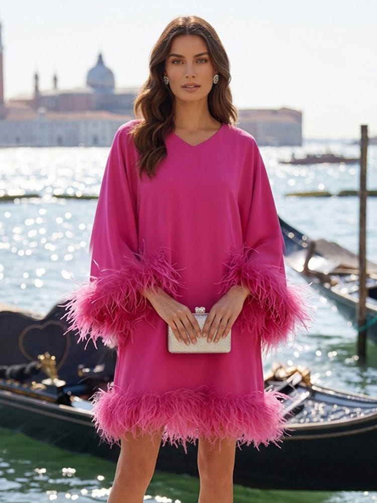 Jersey A-Line V Neck Formal Dresses with Natural Feather Fringe Hem