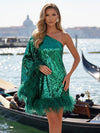 Sequin A-Line One Shoulder Formal Dresses with Feathers