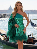 Sequin A-Line One Shoulder Formal Dresses with Feathers