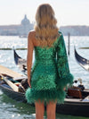 Sequin A-Line One Shoulder Formal Dresses with Feathers