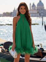 Sequin A-Line Halter Formal Dresses with Natural Feather Fringe Hem