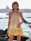 Satin A-Line Halter Formal Dresses with Natural Feather Fringe Hem