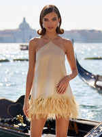 Satin A-Line Halter Formal Dresses with Natural Feather Fringe Hem