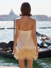 Satin A-Line Halter Formal Dresses with Natural Feather Fringe Hem