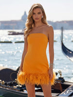 Jersey Bodycon Strapless Formal Dresses with Natural Feather Fringe Hem
