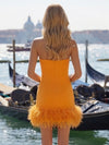 Jersey Bodycon Strapless Formal Dresses with Natural Feather Fringe Hem