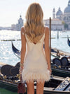 Satin Bodycon Spaghetti Straps Formal Dresses with Natural Feather Fringe Hem
