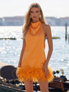 Satin Sheath Cowl Neck Formal Dresses with Natural Feather Fringe Hem