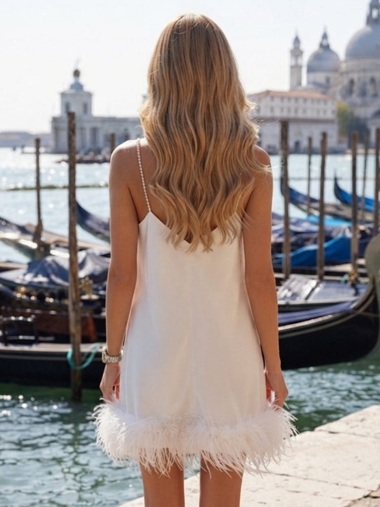 Satin A-Line Spaghetti Straps Formal Dresses with Feathers