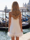 Satin A-Line Spaghetti Straps Formal Dresses with Feathers