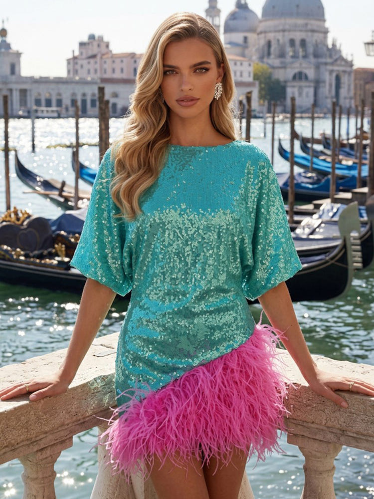 Sequin Sheath Crew Neck Formal Dresses with Feathers
