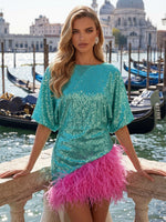 Sequin Sheath Crew Neck Formal Dresses with Feathers