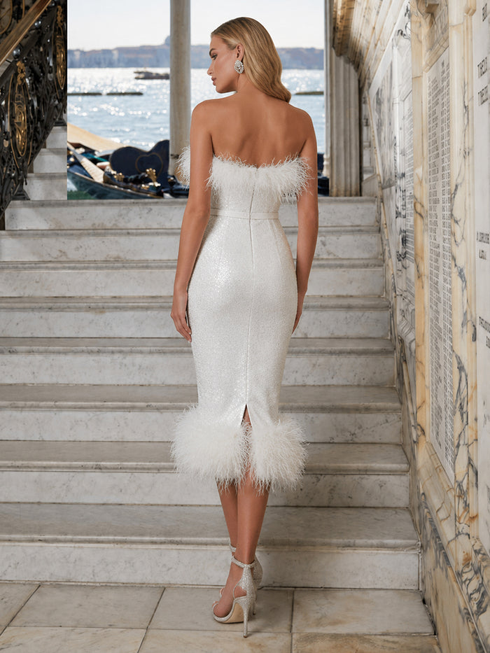 Sequin Sheath Strapless Formal Dresses with Feathers