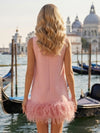 Jersey A-Line High Neck Formal Dresses with Natural Feather Fringe Hem
