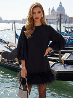 Chiffon A-Line Crew Neck Formal Dresses with Natural Feather Fringe Hem