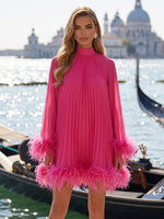 Chiffon A-Line High Neck Formal Dresses with Natural Feather Fringe Hem
