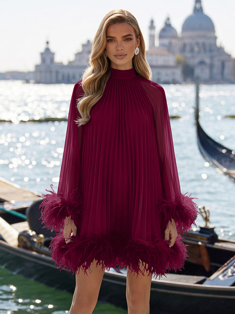 Chiffon A-Line High Neck Formal Dresses with Natural Feather Fringe Hem