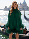 Chiffon A-Line High Neck Formal Dresses with Natural Feather Fringe Hem