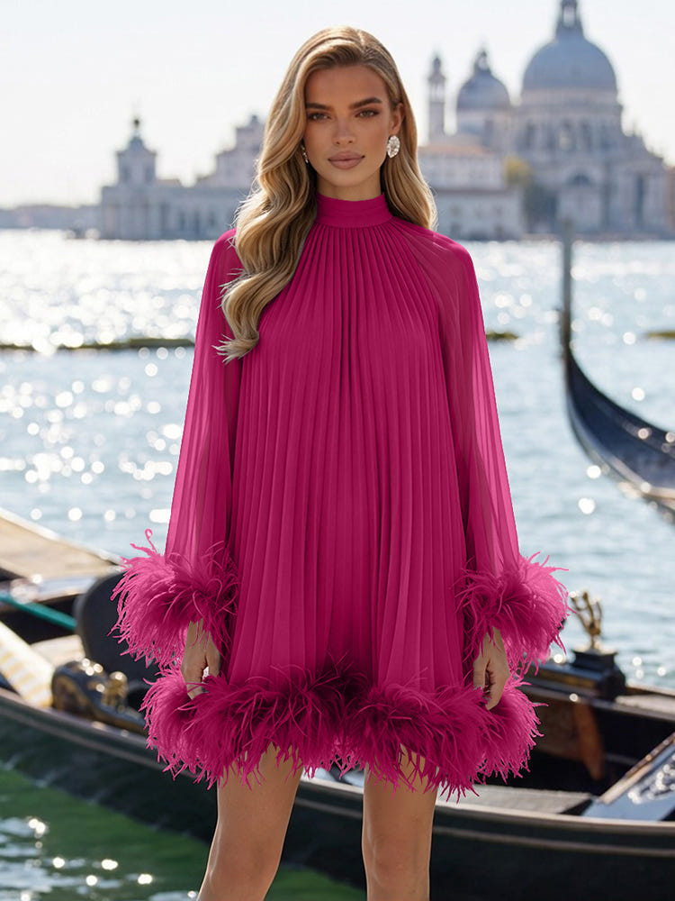Chiffon A-Line High Neck Formal Dresses with Natural Feather Fringe Hem