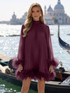 Chiffon A-Line High Neck Formal Dresses with Natural Feather Fringe Hem