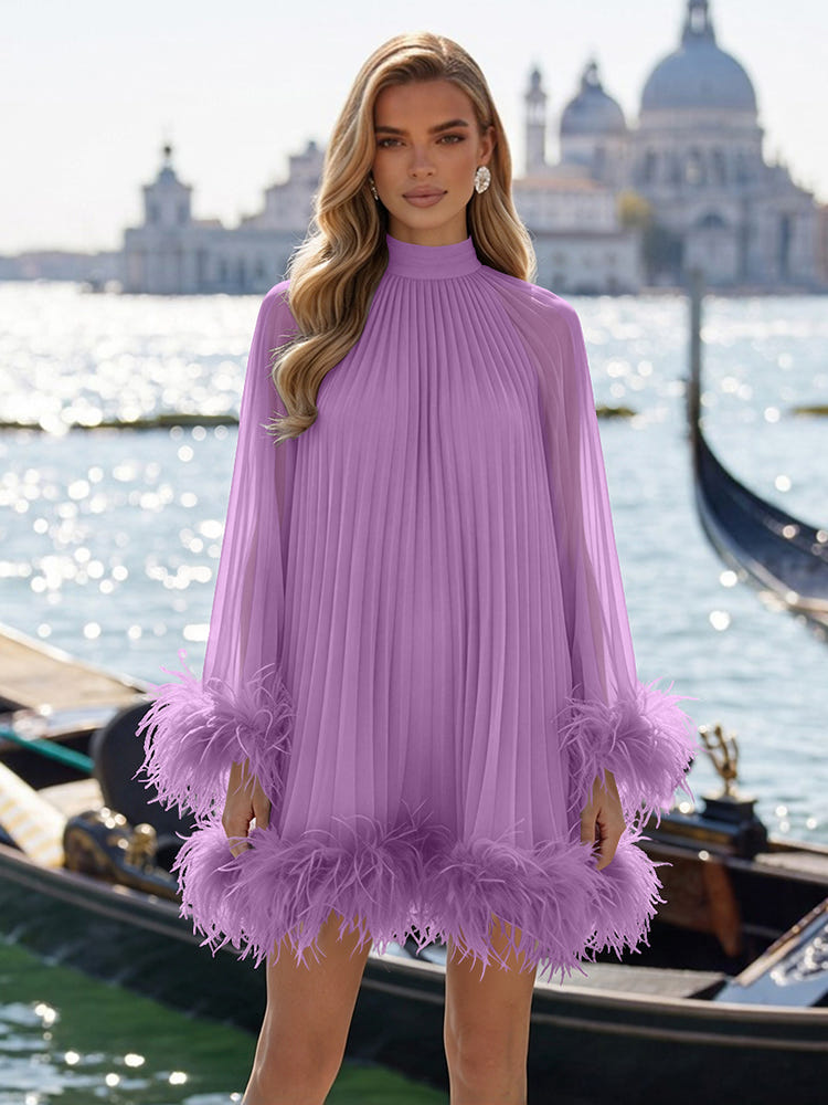 Chiffon A-Line High Neck Formal Dresses with Natural Feather Fringe Hem