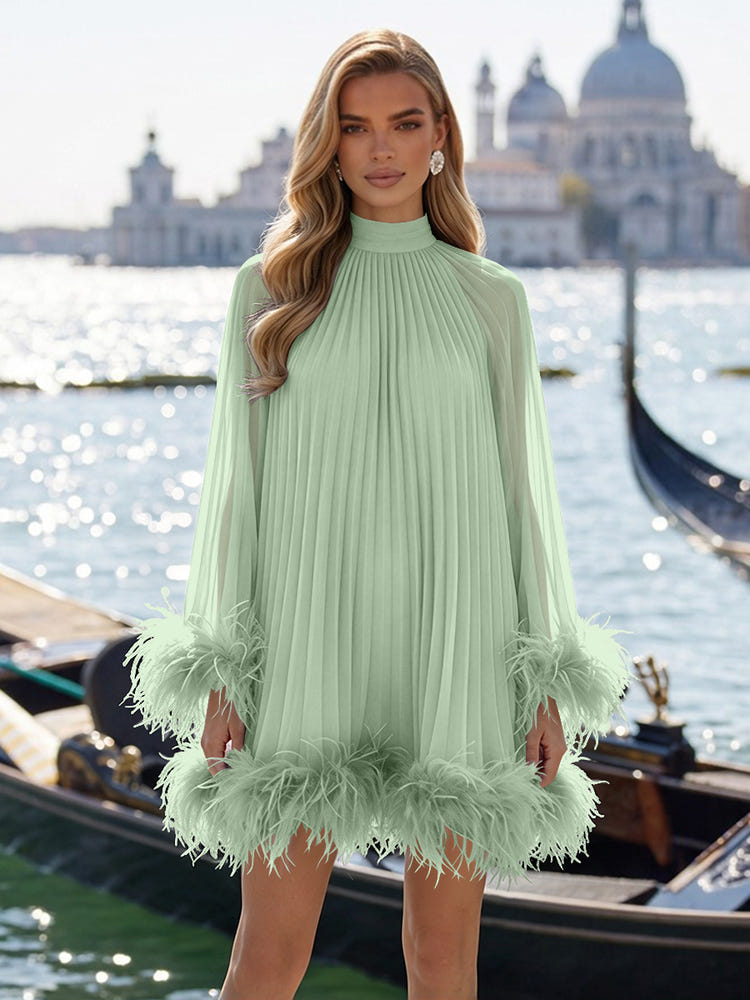 Chiffon A-Line High Neck Formal Dresses with Natural Feather Fringe Hem