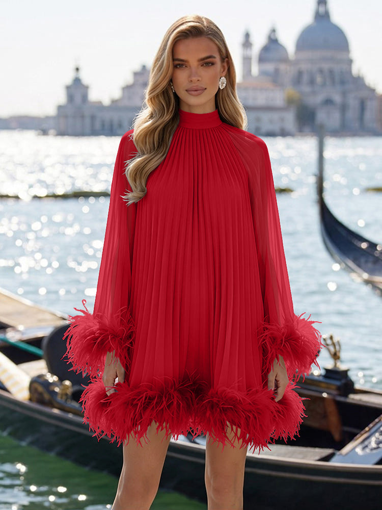 Chiffon A-Line High Neck Formal Dresses with Natural Feather Fringe Hem