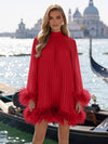 Chiffon A-Line High Neck Formal Dresses with Natural Feather Fringe Hem