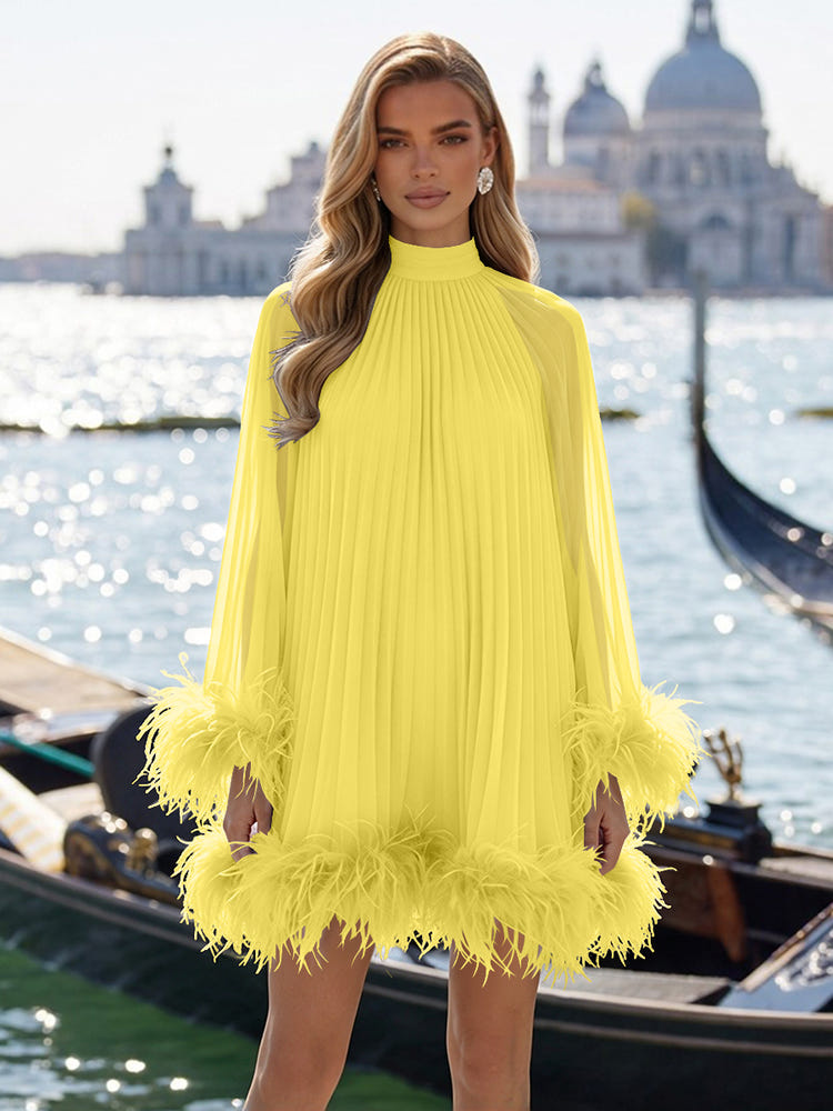 Chiffon A-Line High Neck Formal Dresses with Natural Feather Fringe Hem