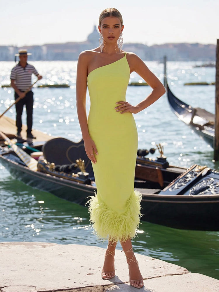 Jersey Bodycon One Shoulder Formal Dresses with Natural Feather Fringe Hem