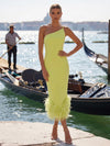 Jersey Bodycon One Shoulder Formal Dresses with Natural Feather Fringe Hem