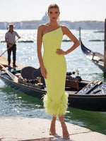 Jersey Bodycon One Shoulder Formal Dresses with Natural Feather Fringe Hem