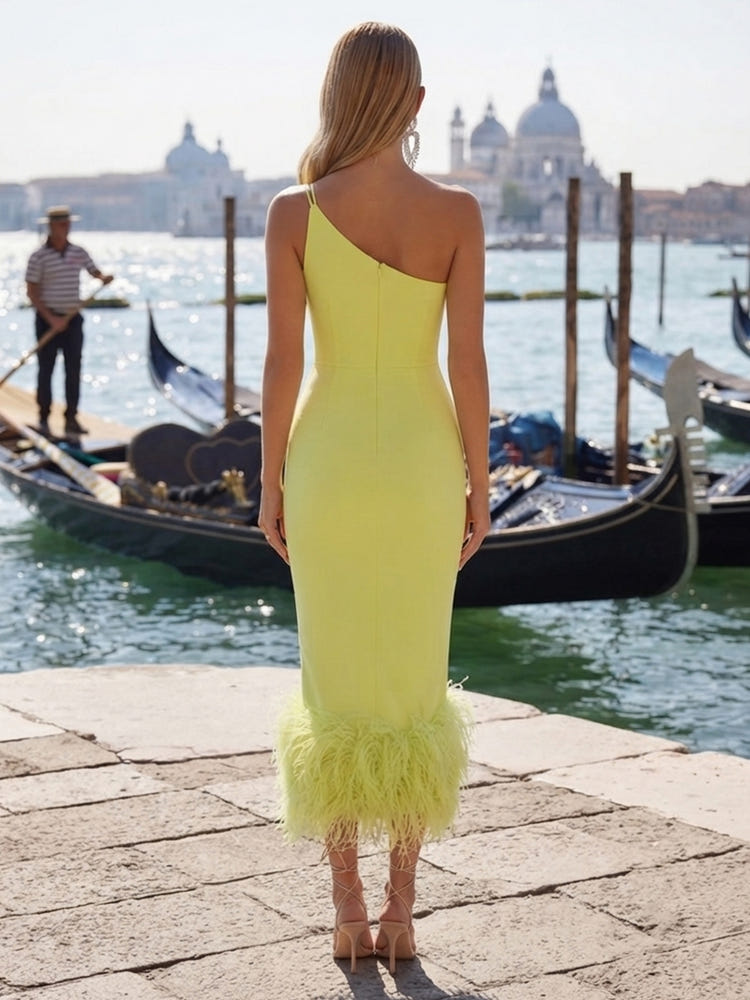 Jersey Bodycon One Shoulder Formal Dresses with Natural Feather Fringe Hem