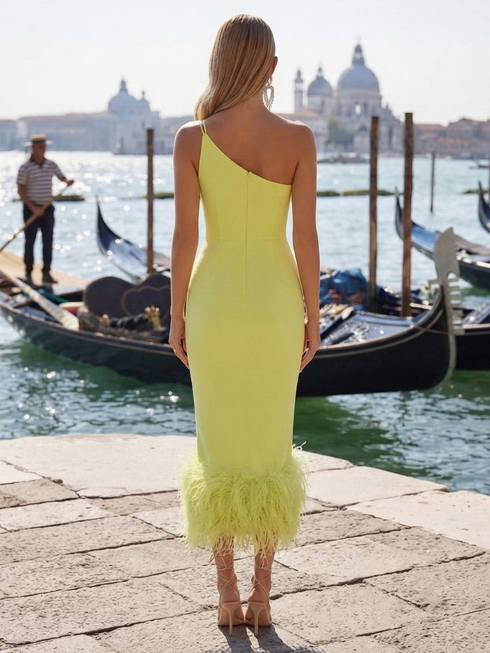 Jersey Bodycon One Shoulder Formal Dresses with Natural Feather Fringe Hem