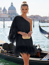 Jersey A-Line One Shoulder Formal Dresses with Natural Feather Fringe Hem