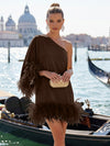 Jersey A-Line One Shoulder Formal Dresses with Natural Feather Fringe Hem