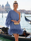 Jersey A-Line One Shoulder Formal Dresses with Natural Feather Fringe Hem