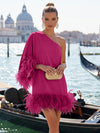 Jersey A-Line One Shoulder Formal Dresses with Natural Feather Fringe Hem