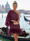 Jersey A-Line One Shoulder Formal Dresses with Natural Feather Fringe Hem