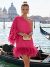 Jersey A-Line One Shoulder Formal Dresses with Natural Feather Fringe Hem
